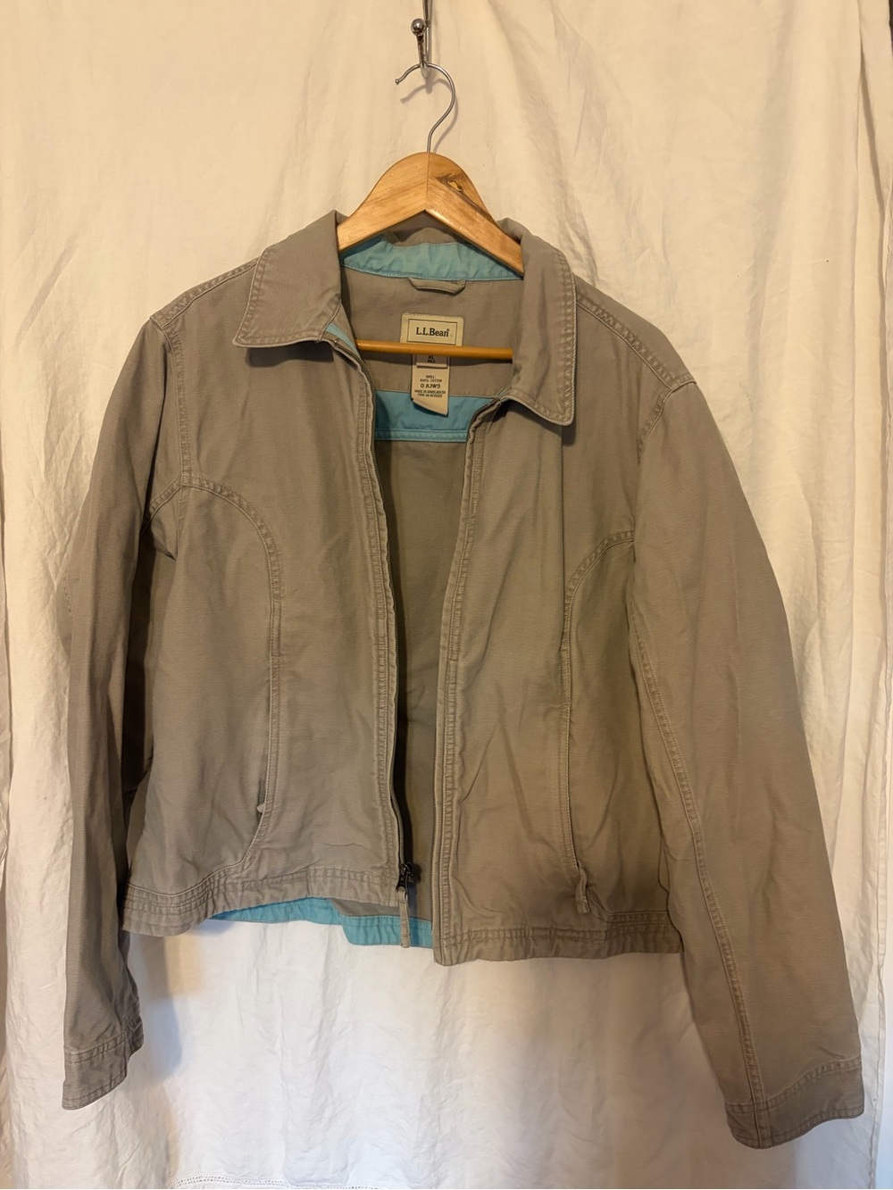 L.L. Bean Women's XL gray & blue canvas zip jacket short barn field coat